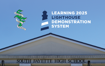 South Fayette High School campus photo with SF logo and Learning 2025 Lighthouse Demonstration System logo