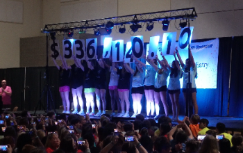 Students hold sign during Mini-THON reveal showing they raised $336,140.10