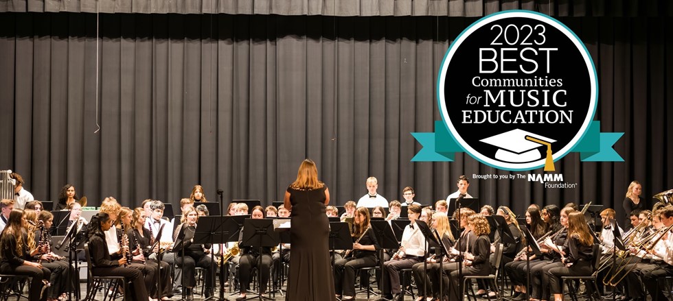 High school band concert with the 2023 Best Communities for Music Education badge