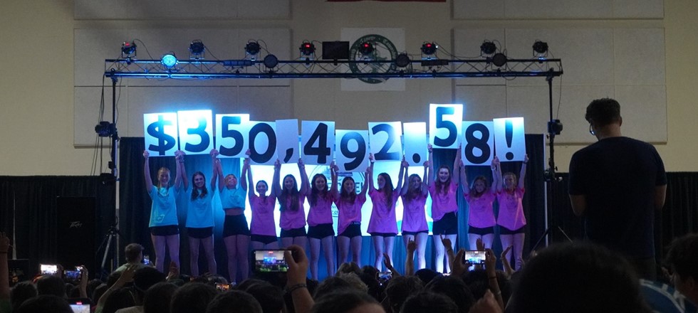 Students holding up signs to reveal the 2025 Mini-THON fundraising total of $350,492.58.